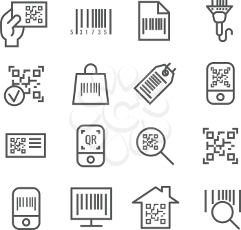 Bar and qr code scanning vector thin line icons. Bar code for scan price information, digital code for identification illustration