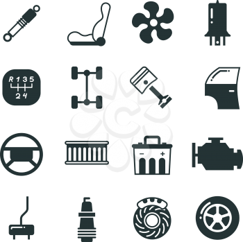 Car parts, mechanic vector icons set. Components and spare parts for car, illustration of parts for auto in black