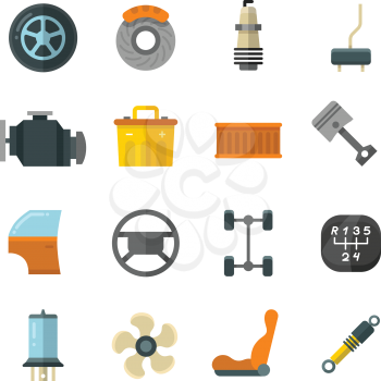 Vehicle auto technology, car parts flat vector icons. Wheel and battery for car, illustration of cars filter and brake