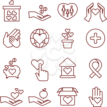 Charity giving, sponsorship, donation, humanitarian, giving money to child vector linear icons. Giving and help people illustration symbol