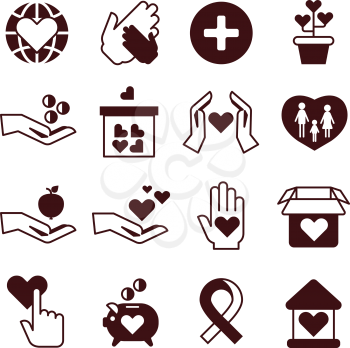 Charity hands, care and protection, fundraising service, donation, nonprofit organization, affection vector icons. Donate money and humanitarian, love and support donate illustration