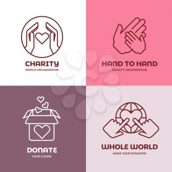 Nonprofit and volunteer organization, charity, philanthropy concept vector logo set. Concept of charity, illustration of emblems charity world organization