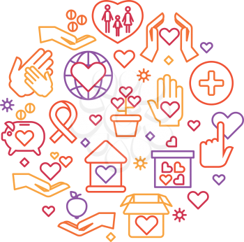 Charity, care, help vector concept, nonprofit and volunteer logo. Round badge for donation organization, illustration of hand giving donation