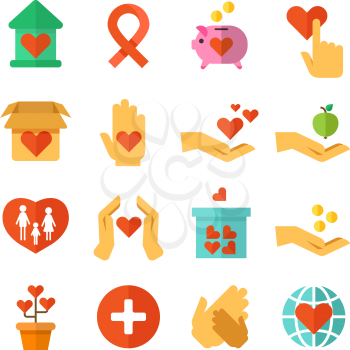 Charity, social help, money donate, nonprofit funding, generous hands vector. Set of icons hand giving and charity, ilustration of charity and donate
