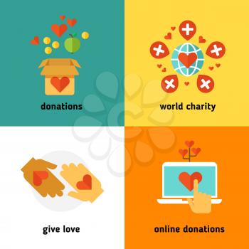 Charity and donation, social help services, volunteer work, non profit organization flat vector concepts. Online donations and world charity, giving donation in box illustration