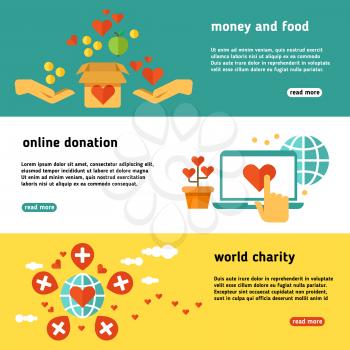 Nonprofit, charity, philanthropy, donate, giving donation, social help vector banners set. Online donation web poster, illustration of world charity and donation