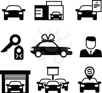 Auto dealership, car industry, car selling, buying and renting vector icons. Illustration of icon car sales