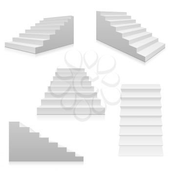 White stairs, 3d interior staircases isolated on white. Vector steps collection. Staircase for interior illustration isolated on white background