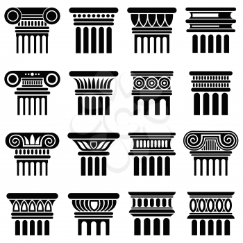 Ancient rome architecture column vector icons. Black silhouette column, old classical greek column illustration