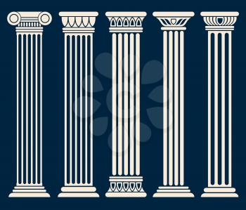 Classic roman, greek architecture columns vector set. Sculpture column for decoration, illustration of ancient historical columns