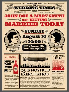 Vintage newspaper front page, wedding invitation vector layout. Info about wedding in newspaper, illustration of article wedding invitation