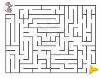 Cute mouse searching cheese. Kids maze puzzle, labyrinth vector illustration. Game labyrinth for development of thinking mental, mouse in labyrinth
