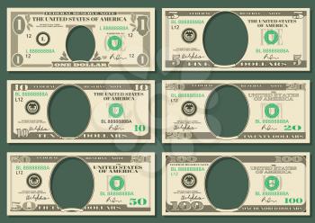 Dollar currency notes vector money. Templates of dollar notes with space for presidents, illustration american dollars