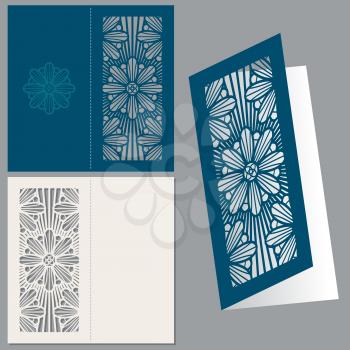 Vintage wedding invitation postcard envelope vector design. Template for invitation with pattern, illustration of cut pattern on card