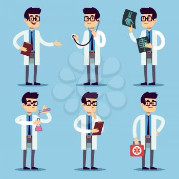 Doctor, chemist, pharmacist, surgeon man cartoon characters vector set. Doctor with stethoscope and X-ray, dentist doctor in white illustration