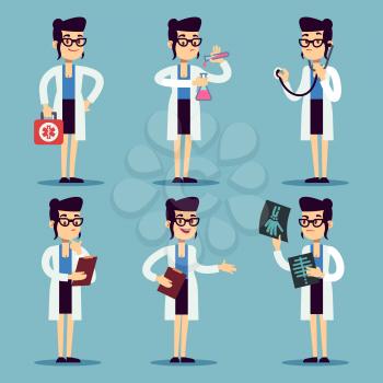 Young doctor female, woman nurse smiling characters in various actions vector set. Doctor in white uniform, illustration of cartoon doctor with x-ray