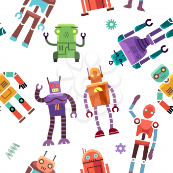 Kids toy robot, humanoid, spaceman, cyborg vector. Seamless pattern with color toy robot, illustration of robotic machine toys
