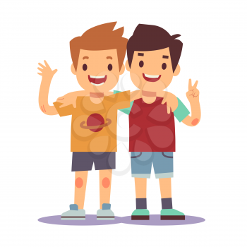 Two boys hugging, best friends, happy smiling kids vector illustration. Happy friends boys isolated on white backgorund