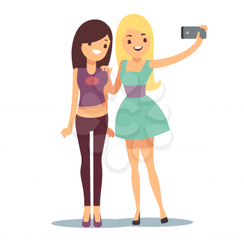 Happy smiling young women friends taking selfie photo vector illustration. Friend girls taking selfie photographing