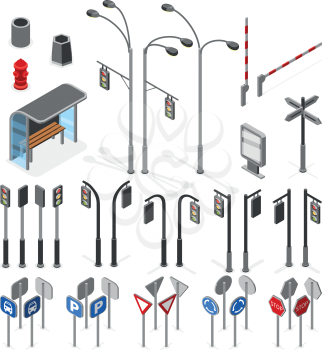 Isometric 3d street, road vector objects icons set. Traffic street signs, illustration of transportation signal sign