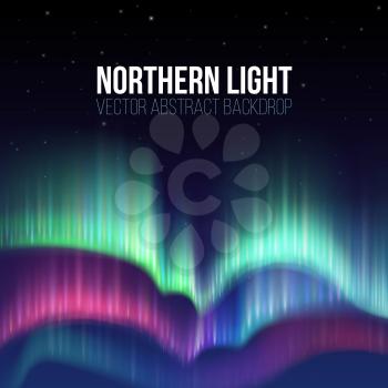 Winter sky with polar lights vector background. Nature phenomenon aurora borealis, illustration of polar light night