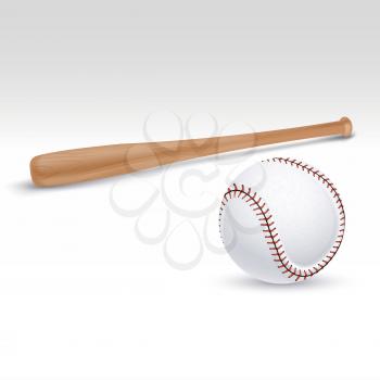 Baseball bat and ball vector illustration. Accessories for baseball game, wooden bat for play baseball