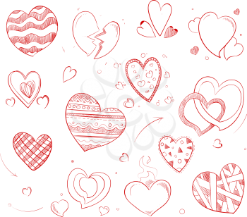 Hand drawn red hearts vector doodle icons for love, Valentines Day and wedding cards