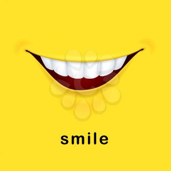Smile yellow background with realistic smiled mouth. Vector smile cheerful, emoticon expression, emoji and happiness feeling illustration
