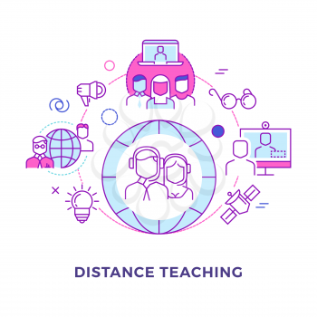 Distance teaching outline flat vector concept isolated on white. Illustration of training distance online, education and teaching