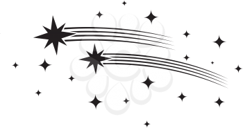 Stars with trails. Comets black silhouettes. Star shooting and stardust, rocket trail vector illustration. Trail tail star, silhouette of firework, asterisk group