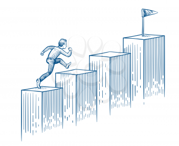 Businessman running up stairs. Man walking to target. Success career and business opportunity hand drawn vector concept. Run man on stair growth illustration