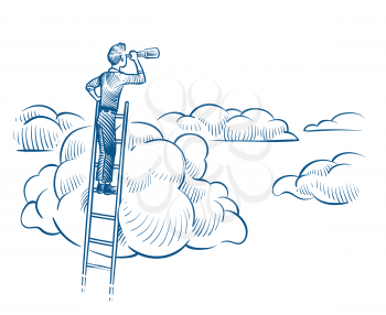 Business vision. Businessman with telescope standing on ladder among clouds. Successful future achievements sketch vector concept. Illustration of leadership on ladder with telescope