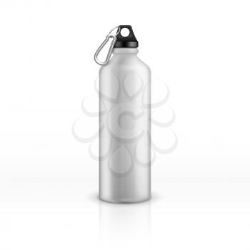 Metal water bottle. White realistic reusable drink flask. Fitness sports stainless thermos. Closeup vector isolated mockup. Container metal bottle for drink water illustration product, travel,