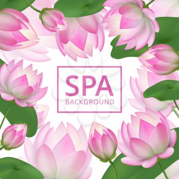 Pink lotus flowers background. Invitation healing to garden. Lotus wedding card vector template. Lotus flower pink, floral and nature banner for spa illustration