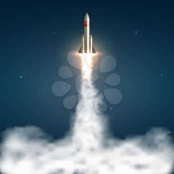 Space rocket launch. Spaceship take off with fire and jet smoky trail. Space travel and start up isolated vector illustration. Spaceship and rocket, jet launch start