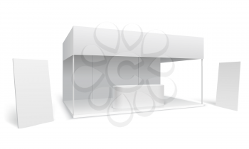 Exhibition trade stand. White empty event marketing booth. Promotion stand with display and standing banners 3d vector mockup. Presentation and exhibition, promotion booth illustration