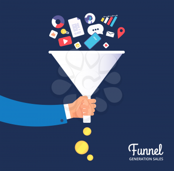 Sale funnel. Lead management optimisation and generation. Leading technology and media marketing. Sale conversion vector concept. Funnel marketing strategy, process and optimization illustration
