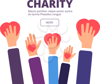 Charity and donation concept. Volunteer hands holding red hearts. Generosity, healthcare and humanitarian help vector poster. Volunteer and charity, help and giving illustration