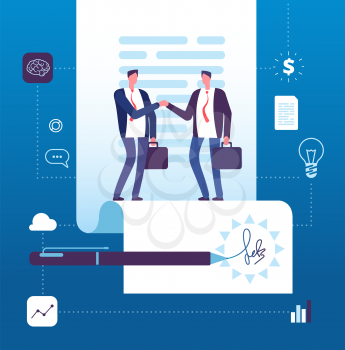 Business agreement concept. Businessman handshaking at contract with signature. Investment, partnership big deal vector illustration. Handshake contract and agreement, businessman negotiation