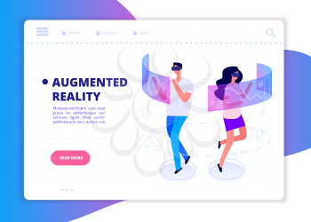 Augmented reality banner. People with headset and vr glasses gaming in virtual reality. Futuristic technology vector concept. Vr reality, futuristic glasses, game virtual, digital device illustration