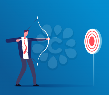 Target business concept. Businessman hitting target with bow and arrow. Challenge and focus manager, reach target vector illustration. Businessman archery, achievement in business