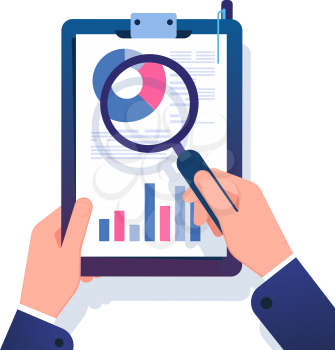 Business report concept. Businessman researching financial office document with magnifying glass. Data analysis vector illustration. Analysis marketing data, report document