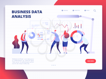 Landing page template. Digital Marketing analyst, marketing business website vector design with cartoon people. Illustration of analysis business data, analytics chart