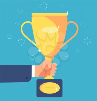 Gold cup in hand. Businessman with trophy winner prize goblet. Success goals business, achievement vector concept. Achievement award, championship and leadership with golden trophy illustration