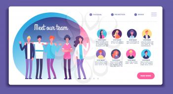 Our team page. Staff organization structure. About us webpage with professional avatars, male female bright faces. Vector template. Business team and teamwork page website illustration