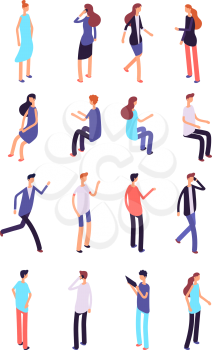 Isometric people. Cartoon sitting and standing persons. 3d men and women in casual clothes. Vector characters set of people man and woman illustration