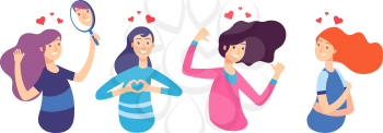 Love yourself. Narcissistic, self-confident people hugged themselves. Loving oneself men and women. Vector characters set. Illustration of yourself girl and self-esteem