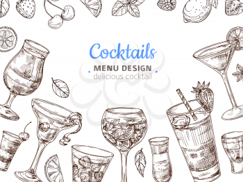 Hand drawn cocktail background. Engraving cocktails alcoholic drinks vintage vector illustration. Illustration of alcohol cocktail menu