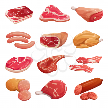 Cartoon meat set. Pork, beef and lamb raw meat products and sausages, jerky vector isolated icons. Illustration of steak pork, meat raw, sausage and bacon