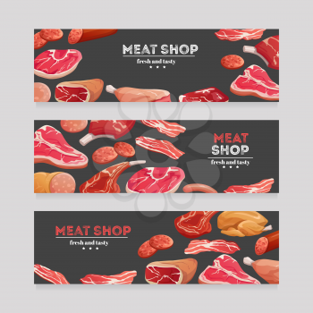 Meat product banners. Beef and pork sausage, ham and salami, bacon. Butchery meat banner vector set. Illustration of butchery shop banner and poster